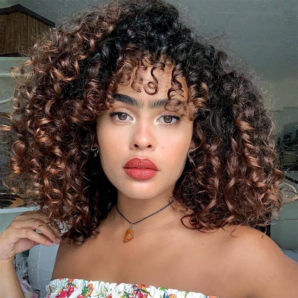Curly Wigs for Black Women Kinky Curly Afro Wig w/Bangs, Brown Mixed Black 15 IN
